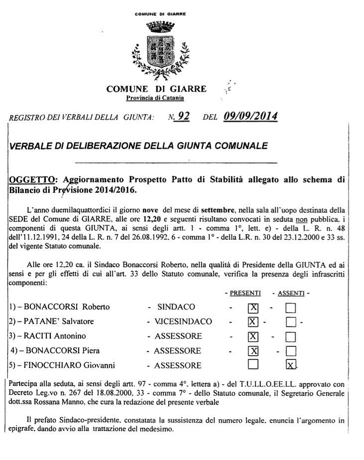 Delibera giunta schema bilancio 2013