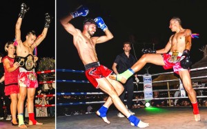 Luca Lombardo premiato dalla campionessa mondiale Katia Russo e durante il combattimento con l'avversario Gino Coriolano