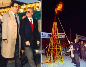 Salvatore Puglisi con il ministro Nicola Capria e mentre accende la prima fiamma del metanodotto francavillese