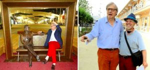 Vittorio Sgarbi all'Expo di Milano con la statua di Lucio Dalla e con lo scultore Carmine Susinni