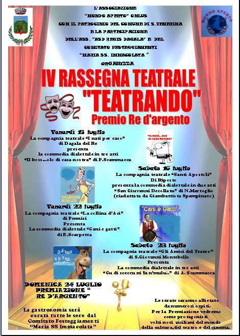S. Venerina: al via la IV Rassegna teatrale “Teatrando – premio Re d’argento”