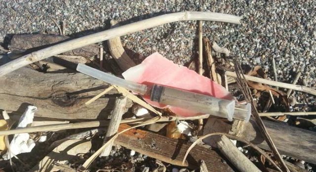 Una giornata di sole, una passeggiata in spiaggia con… siringhe e provette FOTO