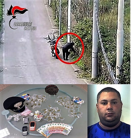 Gravina di Catania, beccato mentre preleva la droga da un anfratto, tenta la fuga lanciando lo scooter contro l’auto dei CC