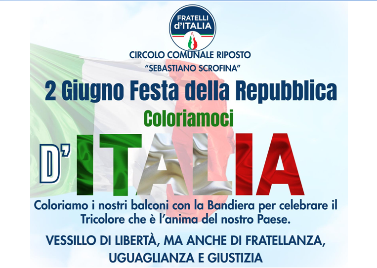 Riposto, in occasione della Festa della Repubblica il Circolo locale di FDI propone “Coloriamoci d’Italia”