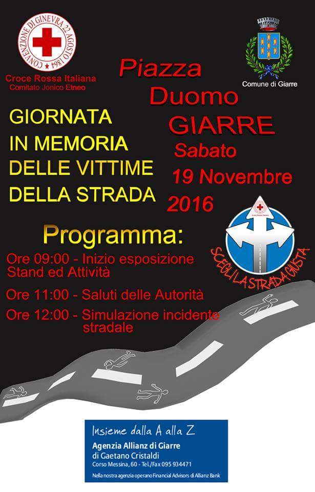 Giarre: domani “Giornata mondiale in ricordo delle vittime della strada”